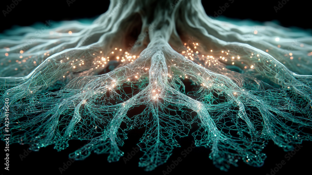 Digital tree roots with glowing lights symbolize the fusion of technology and nature highlighting the interconnectedness of biological systems and digital networks in a futuristic aesthetic
