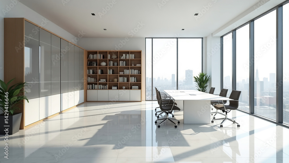 A modern, bright and spacious office with two tables, stylized as minimalism. On the walls are vertical wooden empty white frames.
