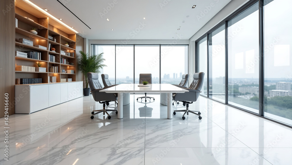 A modern, bright and spacious office with two tables, stylized as minimalism. On the walls are vertical wooden empty white frames.