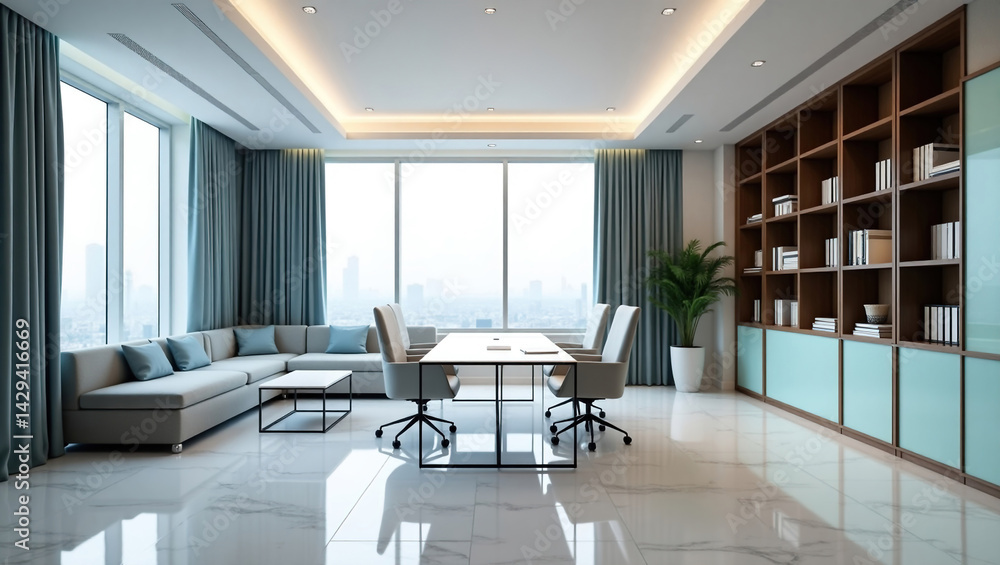 A modern, bright and spacious office with two tables, stylized as minimalism. On the walls are vertical wooden empty white frames.