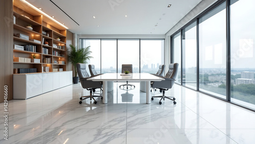Obraz na płótnie A modern, bright and spacious office with two tables, stylized as minimalism. On the walls are vertical wooden empty white frames. w salonie