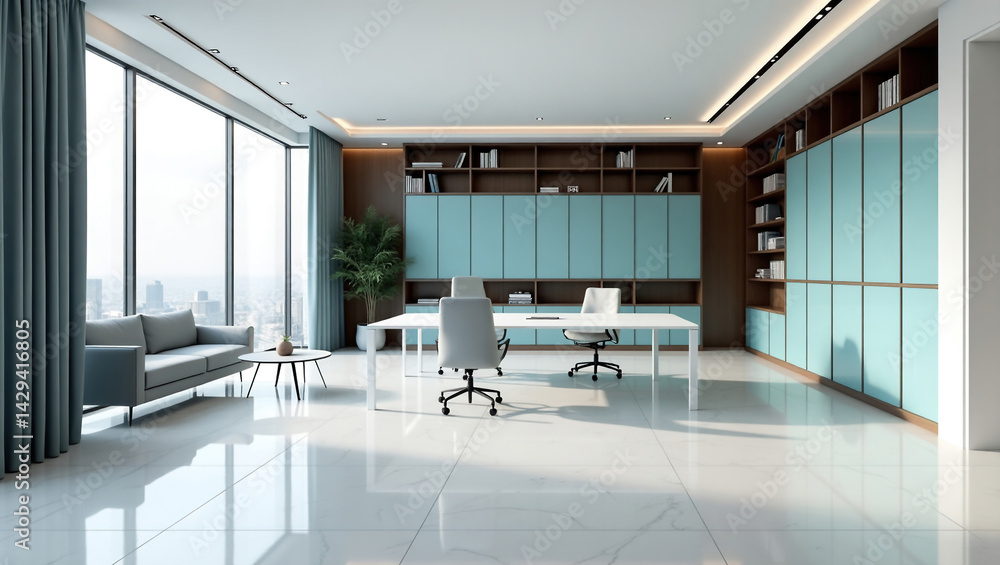 A modern, bright and spacious office with two tables, stylized as minimalism. On the walls are vertical wooden empty white frames.