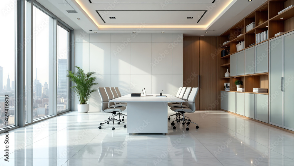 A modern, bright and spacious office with two tables, stylized as minimalism. On the walls are vertical wooden empty white frames.