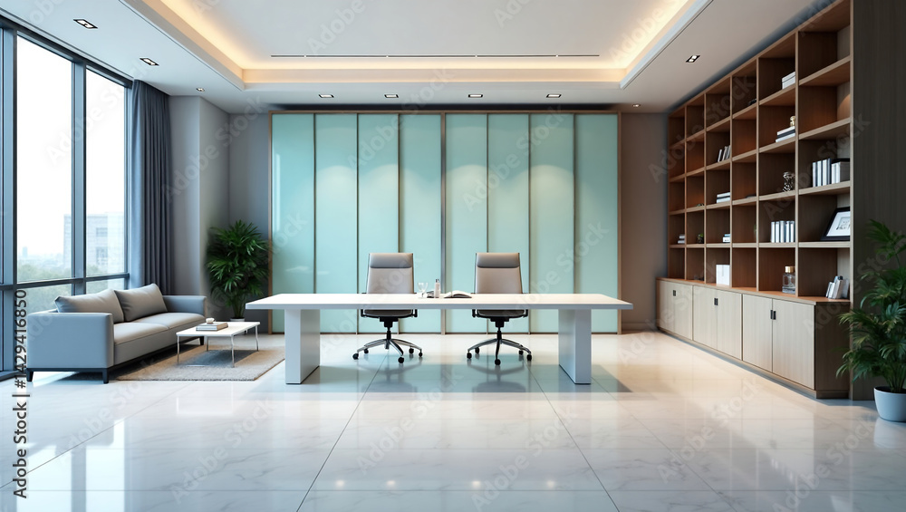 A modern, bright and spacious office with two tables, stylized as minimalism. On the walls are vertical wooden empty white frames.