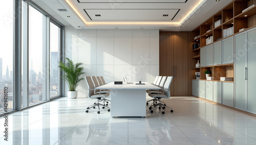 Obraz na płótnie A modern, bright and spacious office with two tables, stylized as minimalism. On the walls are vertical wooden empty white frames. w salonie