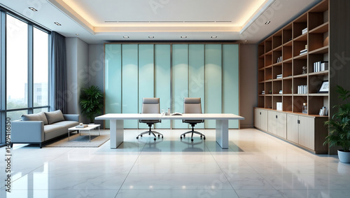 Obraz na płótnie A modern, bright and spacious office with two tables, stylized as minimalism. On the walls are vertical wooden empty white frames. w salonie