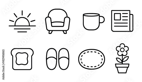 Cozy morning routine outline icons – linear style home comfort, lifestyle, and relaxation symbols for personal projects: sunrise, armchair, coffee mug, newspaper, toast, slippers, rug, flower pot.