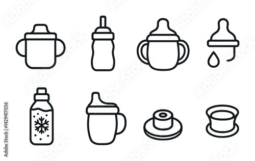 Baby feeding outline icons set – linear style nursing, feeding, and infant symbols for parent essentials: sippy cup, baby bottle, pacifier, nipple, bottle warmer, formula container.