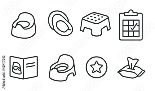 Potty training essentials icon set – outline style for parenting and childcare guides: potty, step stool, training pants, progress chart, reward badge, wet wipes.