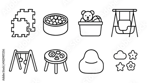 Children's playroom outline icons set – linear style toys, play equipment, and kids' decor symbols: puzzle, ball pit, teddy, swing, activity table, bean bag, clouds, stars
