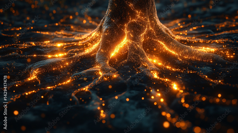 Digital tree roots with glowing lights symbolize the fusion of technology and nature highlighting the interconnectedness of biological systems and digital networks in a futuristic aesthetic