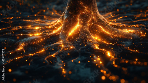 Digital tree roots with glowing lights symbolize the fusion of technology and nature highlighting the interconnectedness of biological systems and digital networks in a futuristic aesthetic

