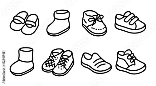 Baby footwear icon set – outline style shoes, cute, trendy symbols for child fashion: booties, sneakers, moccasins, sandals, slippers, loafers, trainers, high-tops