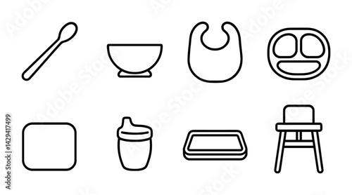 Baby feeding outline icon set – minimalist style newborn, infant, and toddler mealtime symbols: spoon, bowl, bib, tray, sippy cup, high chair, placemat.