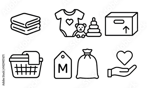 Baby essentials linear icon set – outline style newborn, nursery, and infant care symbols: onesie, teddy bear, toy stack, box, laundry basket, price tag, diaper bag, heart in hand.