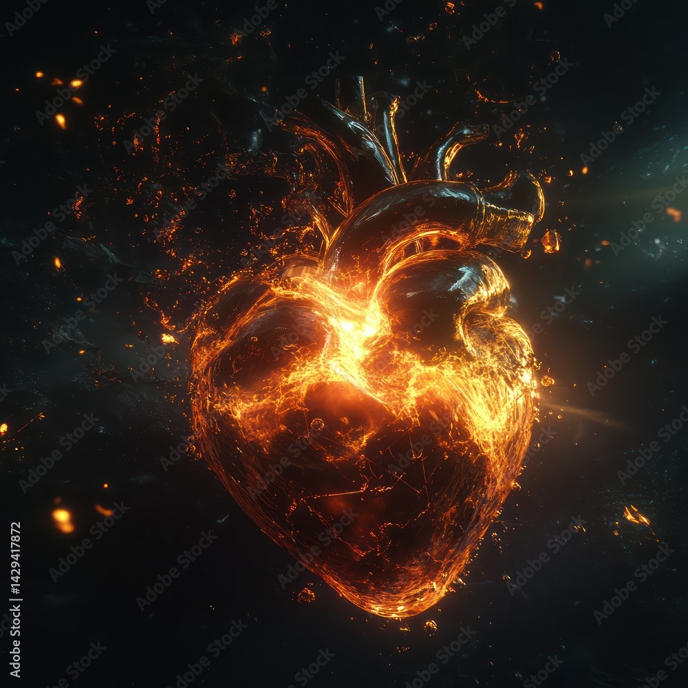 Fiery Heart with Abstract Art, and Dark Background. Fiery Heart with Abstract Art, and Dark Background.