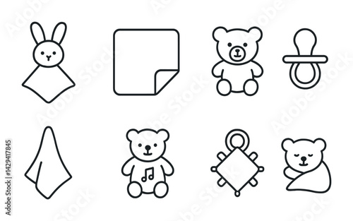 Baby essentials icon set - outline style nursery, infant care, and newborn symbols for parenting: pacifier, teddy bear, baby blanket, security blanket, musical toy, comforter.