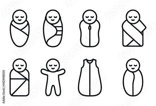 Baby sleeping bag icons set – outline style sleep, infant, and newborn symbols for nursery design: swaddle, sleep sack, baby wrap, sleeping bag, baby slumber