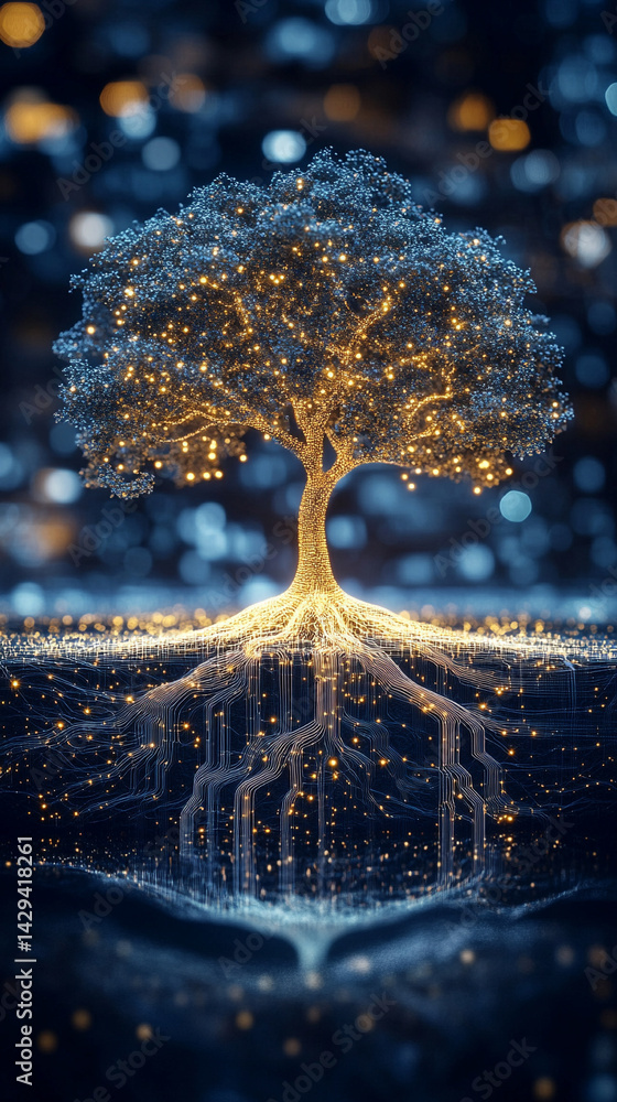 Digital tree roots with glowing lights symbolize the fusion of technology and nature highlighting the interconnectedness of biological systems and digital networks in a futuristic aesthetic