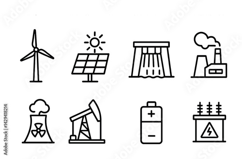 Renewable energy and power generation icon set – outline style eco-friendly, sustainable, and green energy symbols for environmental projects: wind turbine, solar panel, hydroelectric dam, power