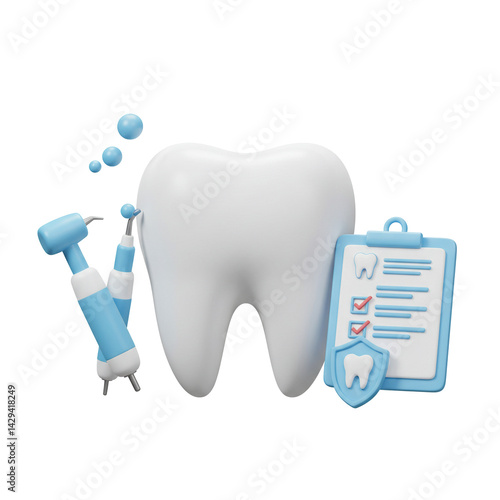 3d Illustration Tooth care and dental health illustration with equipment and clipboard