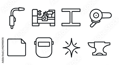 Industrial tools & equipment outline icon set – linear style for manufacturing, metalwork, and repair: welding torch, lathe, i-beam, angle grinder, blueprint, welding mask, spark, anvil.