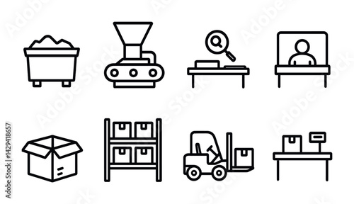 Warehouse logistics icon set – outline style for inventory management, supply chain optimization: conveyor belt, forklift, boxes, shelves, magnifying glass, office worker, reception desk.