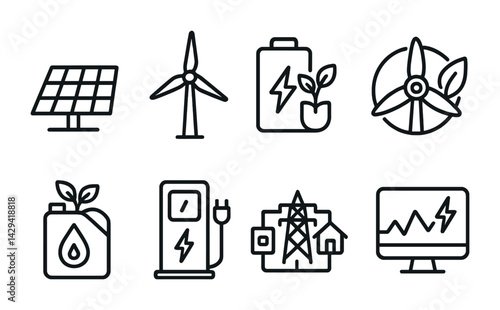 Sustainable energy icons set – outline style for eco-friendly power solutions: solar panel, wind turbine, battery, biofuel, electric pump, grid, energy monitor