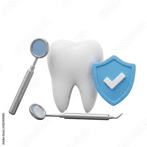 3d Illustration Tooth protection concept with dentist mirror and shield with tick