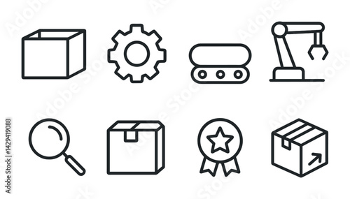Industrial supply chain outline icons – linear logistics, production, and warehousing symbols for business efficiency: box, gear, conveyor, robotics arm, magnifying glass.