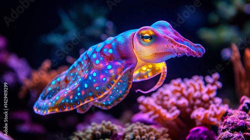 Fototapeta Naklejka Na Ścianę i Meble -  Dazzling neon colored cuttlefish shifting its skin colors in a vibrant coral reef cinematic marine wildlife photography