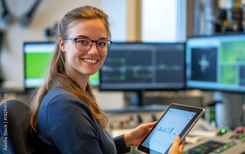 Obraz premium Young Woman in Control Room, Analyzing Data and Graphs