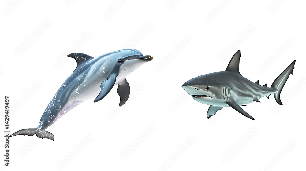 Fototapeta premium A happy dolphin jumping on the left, a still shark lurking underwater on the right, high realism, isolated on white.