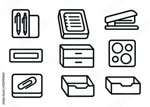Office supplies outline icons set – linear style essentials for work and organization: pen, paper, stapler, drawer, paperclip, box, storage