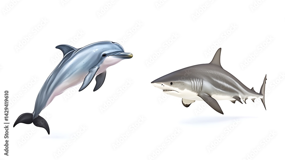Fototapeta premium A happy dolphin jumping on the left, a still shark lurking underwater on the right, high realism, isolated on white.