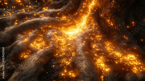 Digital tree roots with glowing lights symbolize the fusion of technology and nature highlighting the interconnectedness of biological systems and digital networks in a futuristic aesthetic

