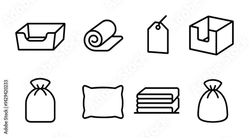 Organizational supplies icon set – outline style storage, tagging, and office essentials: file box, rolled mat, price tag, storage bin, sack, pillow, folded towels, cloth bag.