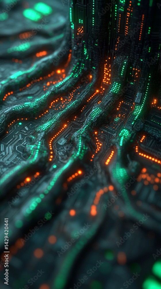 Digital tree roots with glowing lights symbolize the fusion of technology and nature highlighting the interconnectedness of biological systems and digital networks in a futuristic aesthetic