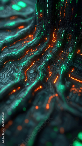Obraz na płótnie Digital tree roots with glowing lights symbolize the fusion of technology and nature highlighting the interconnectedness of biological systems and digital networks in a futuristic aesthetic
w salonie