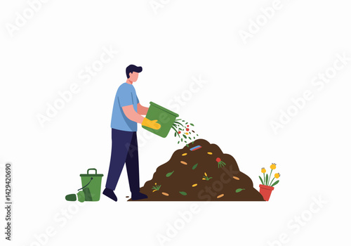 Man adding compost to a pile. Flat vector illustration depicts gardening, sustainability, and eco-friendly practices. Ideal for environmental themes.