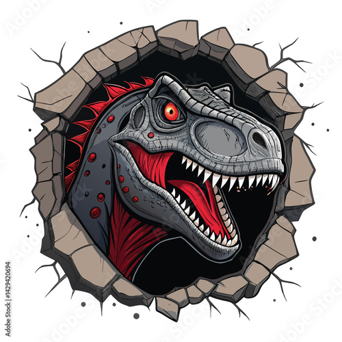 A detailed image of a Tyrannosaurus Rex head, featuring glowing laser eyes, embedded within a cracked, ancient fossil stone.  Show intricate detail on both the T-Rex and the stone.