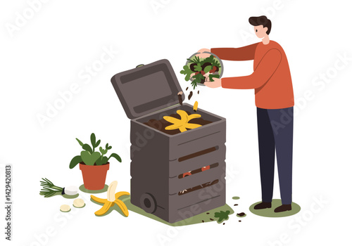 Man composting food scraps into a bin. Sustainable living concept. Flat vector illustration, clean design, green background. Perfect for eco-friendly themes.