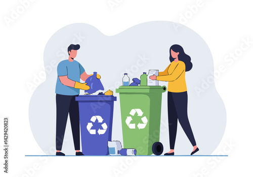 A couple sorts recyclables into a green bin. They are casually dressed and smiling, demonstrating eco-friendly habits. Clean, bright, and modern.
