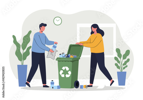 A couple sorts recyclables into a green bin. Modern apartment setting, bright and clean. Illustrates sustainability and responsible living.