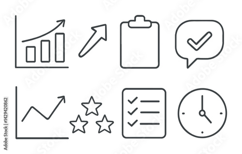 Business and productivity line icons set – outline style efficiency, organization, and workflow symbols for office toolkit: graph, arrow, clipboard, checklist, clock, stars.