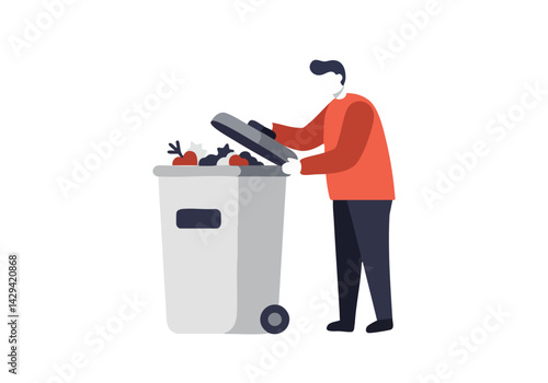 Man discarding trash into a large bin. Simple, flat illustration. Suitable for concepts like waste management, recycling, or everyday life.