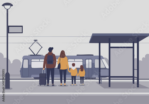 A family of three stands at a train station, waiting for a train. The scene evokes travel, anticipation, and family bonding. Clean, modern aesthetic.