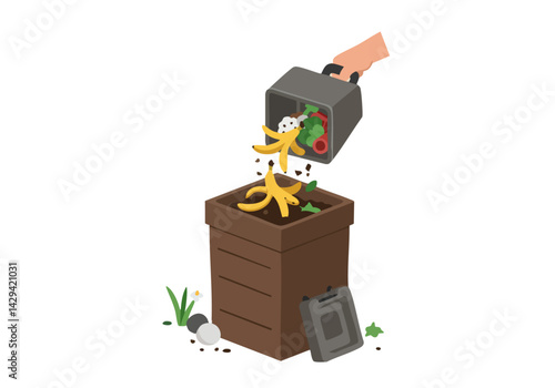 A hand pours food scraps into a compost bin. Illustrates sustainable living, recycling, and eco-friendly practices. Clean, flat vector style.