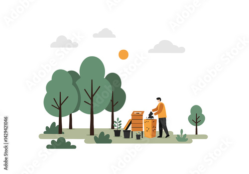 A man adds scraps to a compost bin in a lush, green outdoor setting. Simple illustration, ideal for eco-friendly concepts and sustainable living themes.