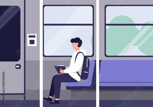 A young man sits on a train, reading a notebook. Clean, modern design. Ideal for concepts of commuting, travel, or studying. Simple, flat illustration.